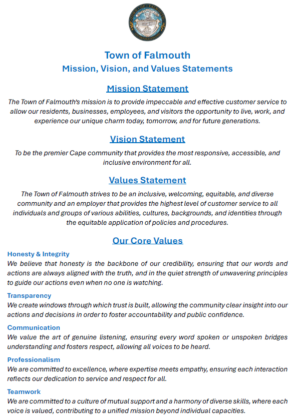 Town of Falmouth Mission, Vision, Values Statement, and Core Values